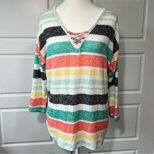 Striped V‎ Neck Top Lace Up Pullover Casual Colorful Knit Sweater